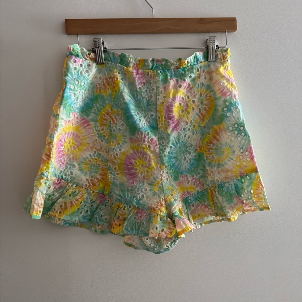 Revolve Lovers + Friends Charlotte Tie Dye Eyelet Ruffle Shorts